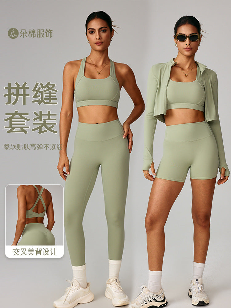 Cross-border cloud sense outdoor sports tight yoga suit set, nude fitness clothing, shockproof high-waisted yoga suit three-piece set