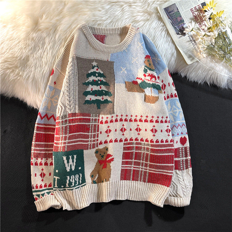 Japanese vintage Christmas bear sweater men's ins autumn and winter loose crew neckline clothes lazy style couple knitwear trend