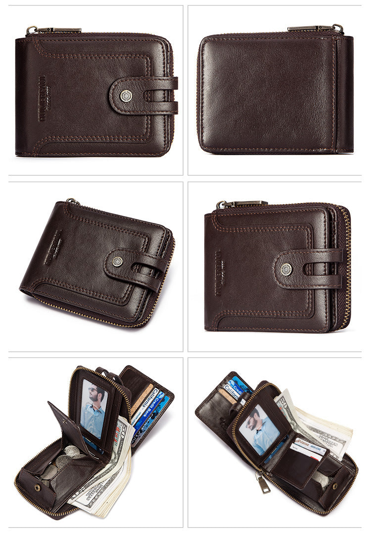 RFID anti-theft brush men's leather wallet top layer cowhide short coin purse zipper European and American retro leather goods men's bag