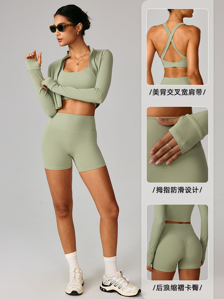 Cross-border cloud sense outdoor sports tight yoga suit set, nude fitness clothing, shockproof high-waisted yoga suit three-piece set