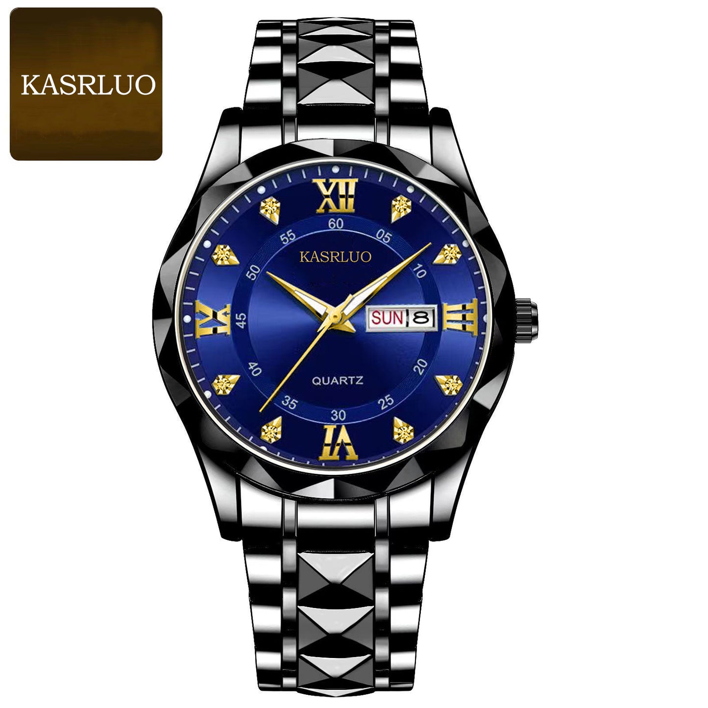 KASRLUO Watch Men's English Date Diamond Case with Luminous Waterproof Minimalist Quartz Watch Large Dial