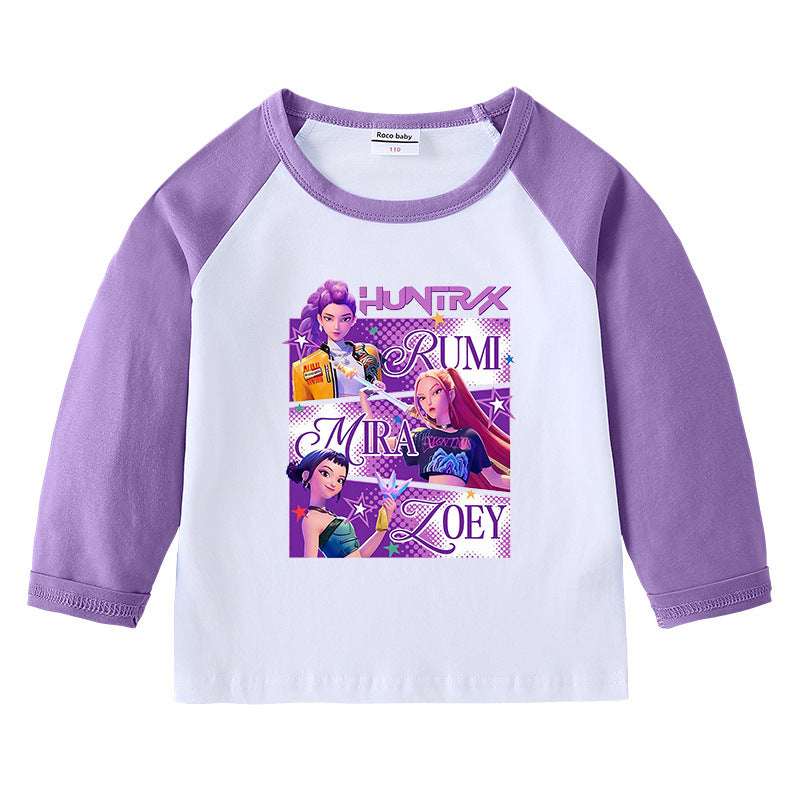 Kpop Witch Hunt Group Korean version raglan spring and autumn girls' T-shirt crew neck cartoon long-sleeved top base shirt set