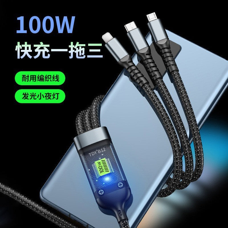 100w 3-in-1 fast charging data cable, mobile phone charging cable, suitable for Apple, Huawei, 1-in-3 braided fast charging cable