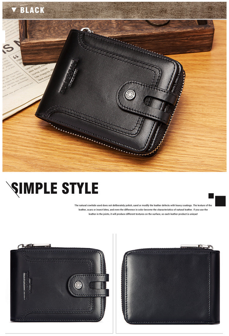 RFID anti-theft brush men's leather wallet top layer cowhide short coin purse zipper European and American retro leather goods men's bag