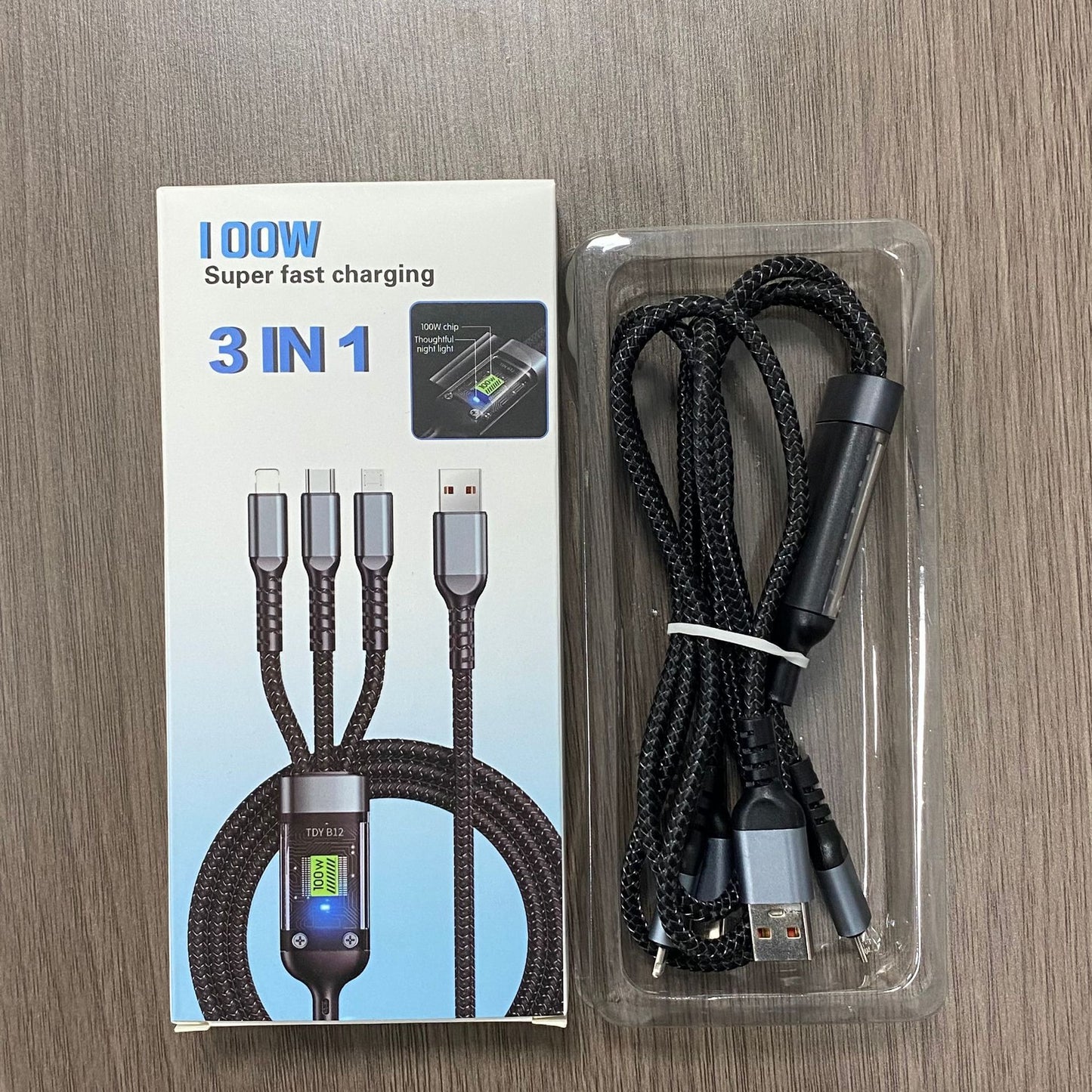 100w 3-in-1 fast charging data cable, mobile phone charging cable, suitable for Apple, Huawei, 1-in-3 braided fast charging cable