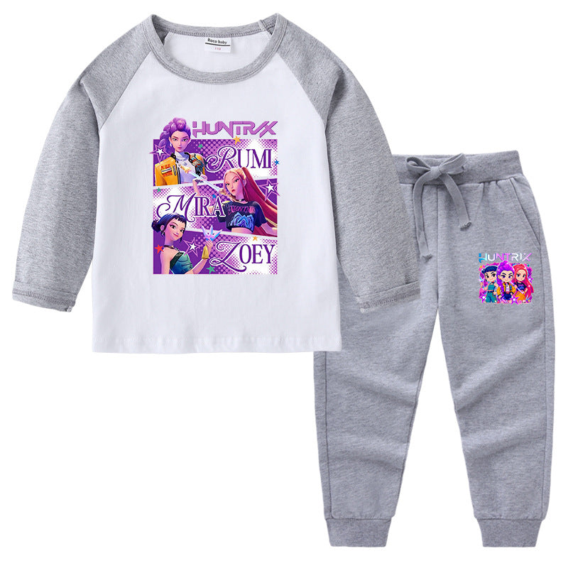 Kpop Witch Hunt Group Korean version raglan spring and autumn girls' T-shirt crew neck cartoon long-sleeved top base shirt set