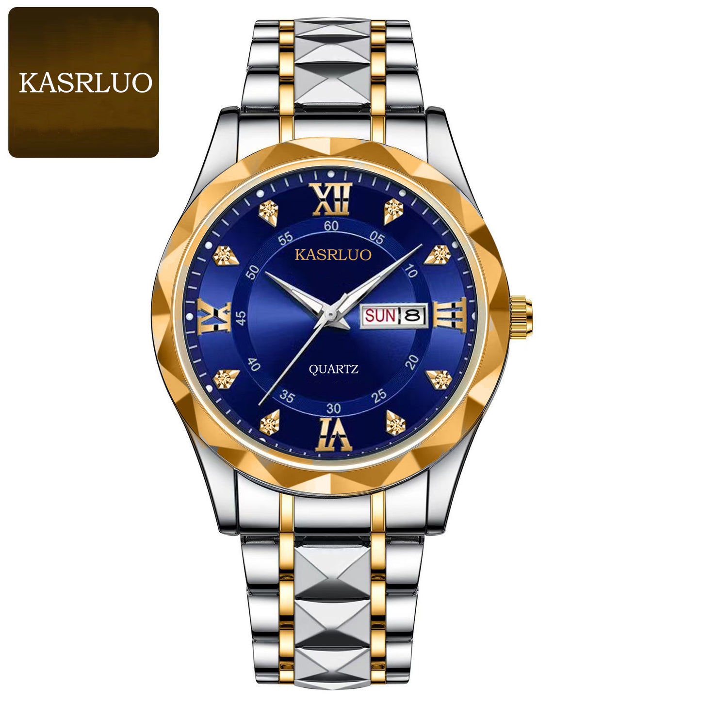 KASRLUO Watch Men's English Date Diamond Case with Luminous Waterproof Minimalist Quartz Watch Large Dial