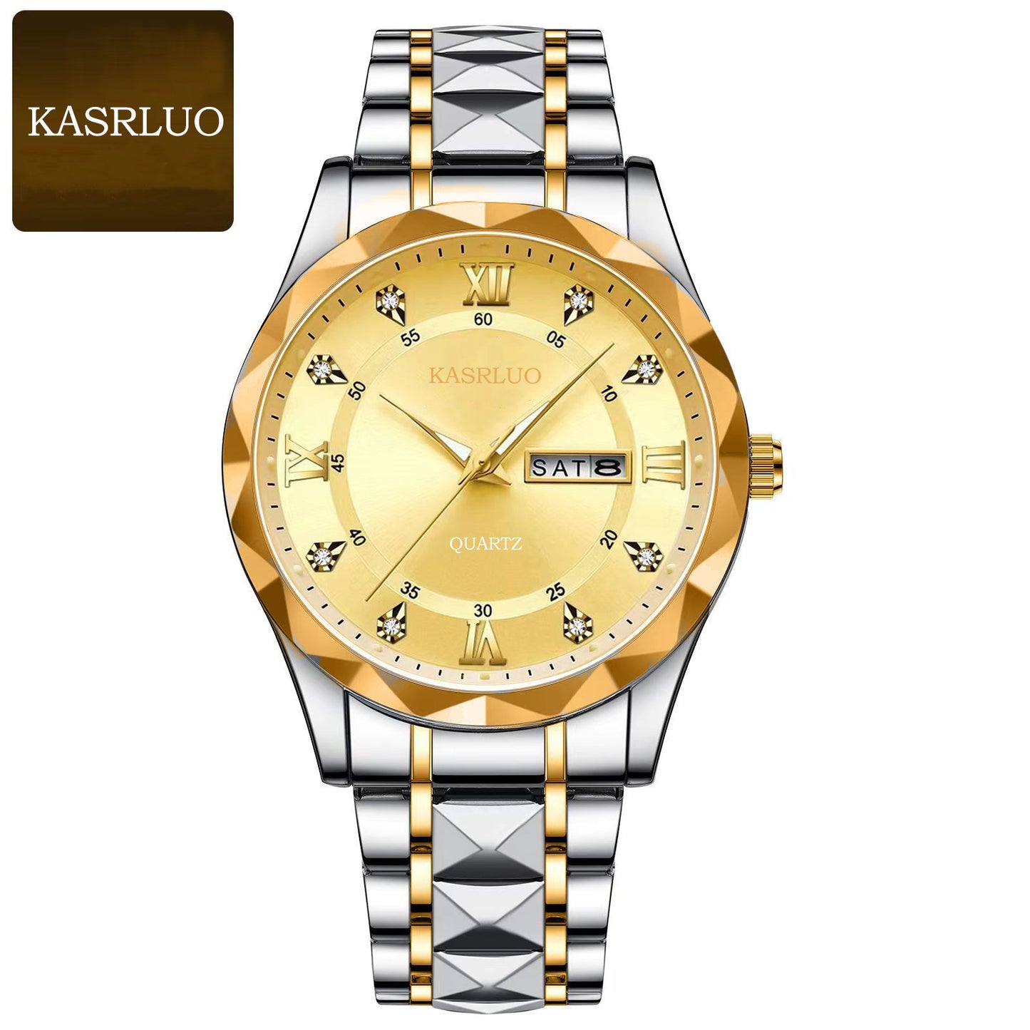 KASRLUO Watch Men's English Date Diamond Case with Luminous Waterproof Minimalist Quartz Watch Large Dial