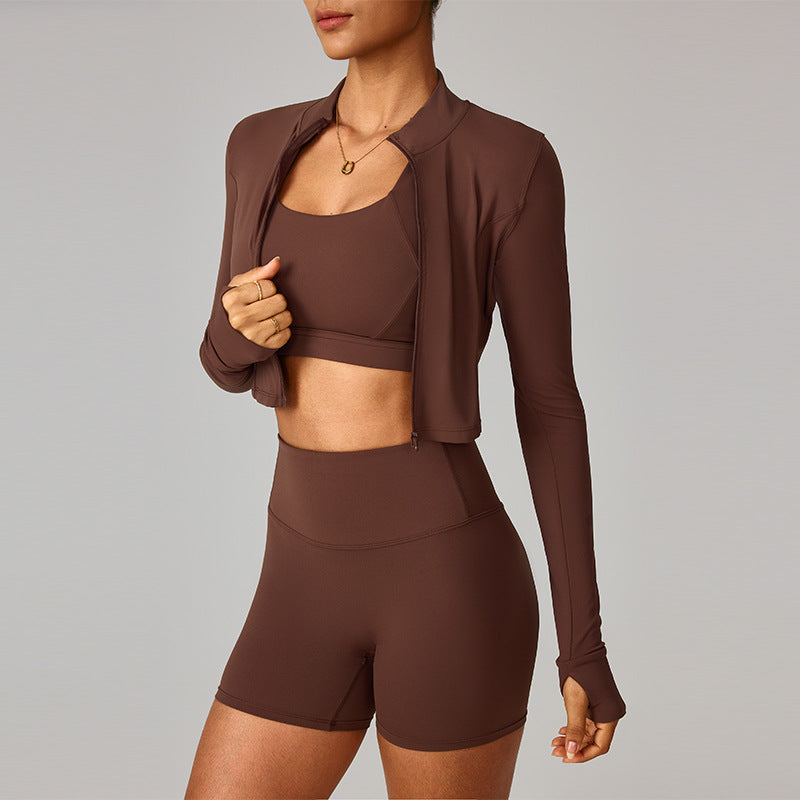 Cross-border cloud sense outdoor sports tight yoga suit set, nude fitness clothing, shockproof high-waisted yoga suit three-piece set