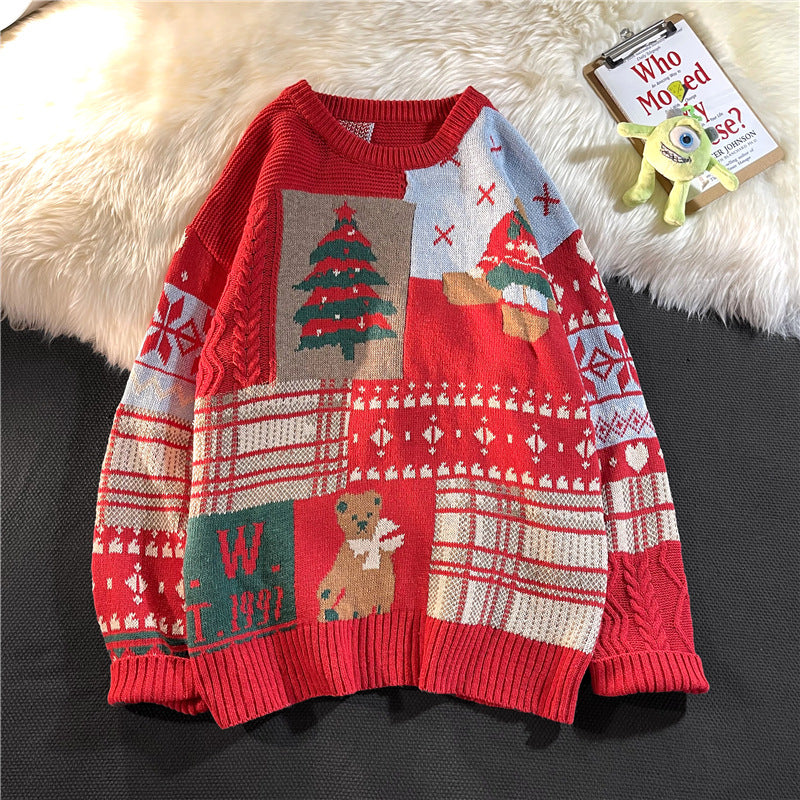 Japanese vintage Christmas bear sweater men's ins autumn and winter loose crew neckline clothes lazy style couple knitwear trend