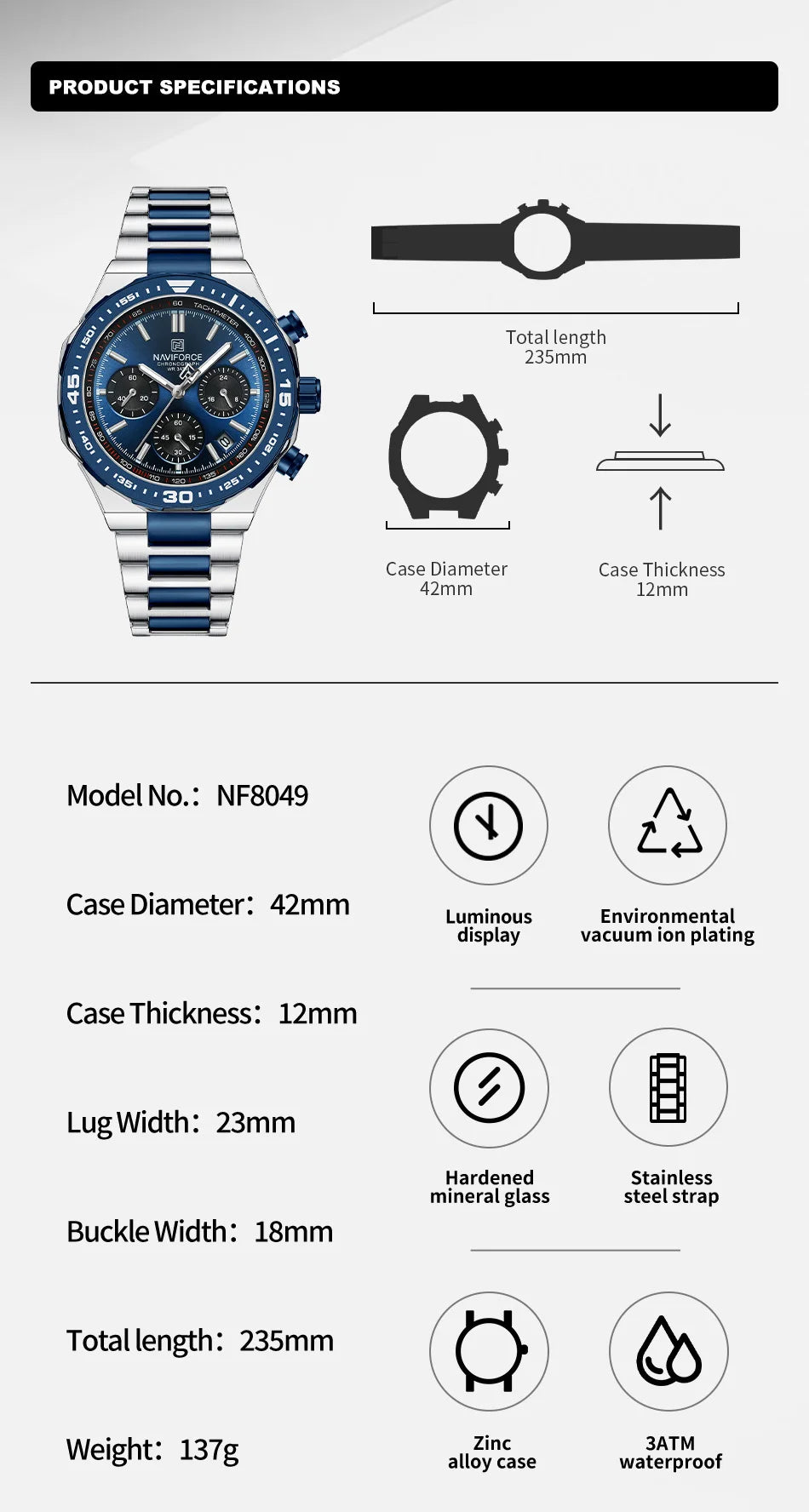 NAVIFORCE Fashion Watch For Men High Quality Luxury Stainless Steel Waterproof Classic Quartz Wristwatches Male Big Face Clock by My Store