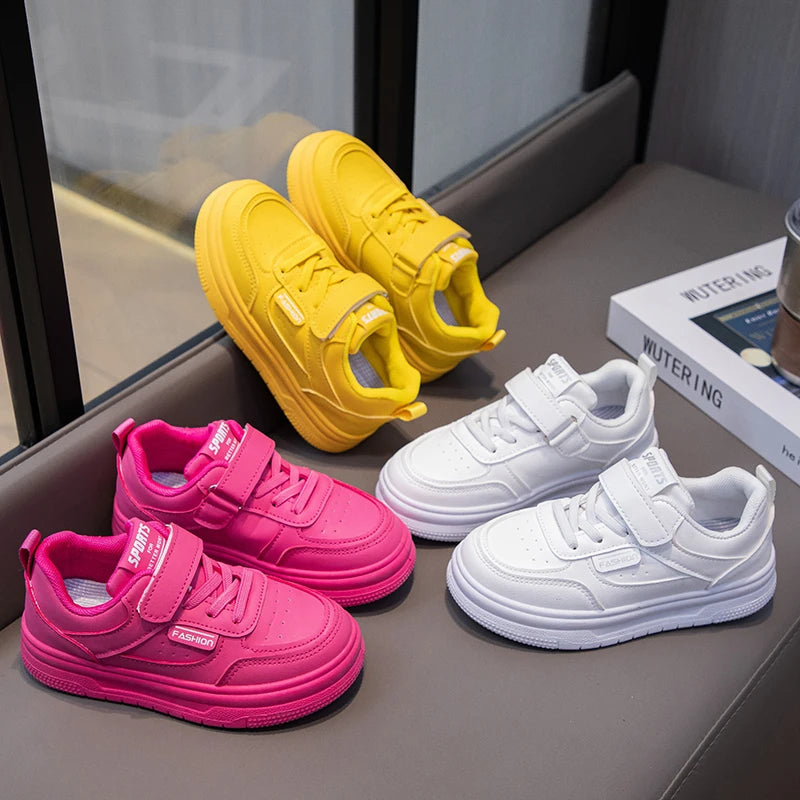 Children White Shoes Leather Pink Cute Girls Sneakers Anti Slip Lightweight Kids Casual Board Shoes Soft Sole Boys Running Shoes by My Store