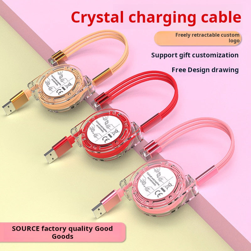 Crystal one to three telescopic data cable, fast charging, mobile phone advertising, exhibition, promotional gifts, 3-in-1 charging cable in stock