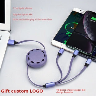 Crystal one to three telescopic data cable, fast charging, mobile phone advertising, exhibition, promotional gifts, 3-in-1 charging cable in stock