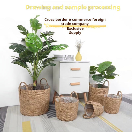 Nordic rattan straw flower pot simple woven flower basket green plant decoration large pot set living room balcony floor flower vase